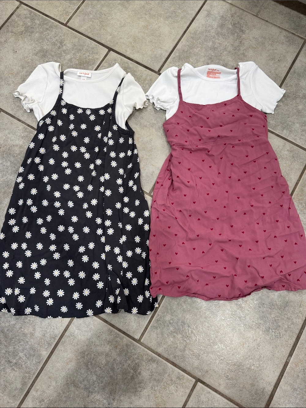 Cat & Jack Girls' Pink Heart Sundress with White Tee and Black/Gray Daisy Dress